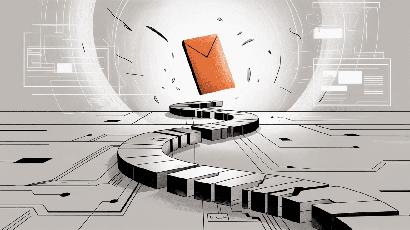 Email routing system with multiple alias paths showing broken connections